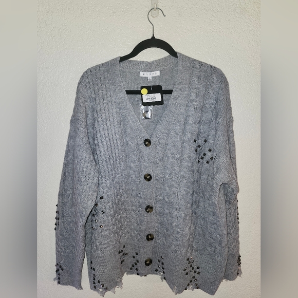 NWT HYFVE "Sterling Cardigan" Button-Up Sweater w/Studs✨️Distressing Gray🩶Large - Picture 6 of 15